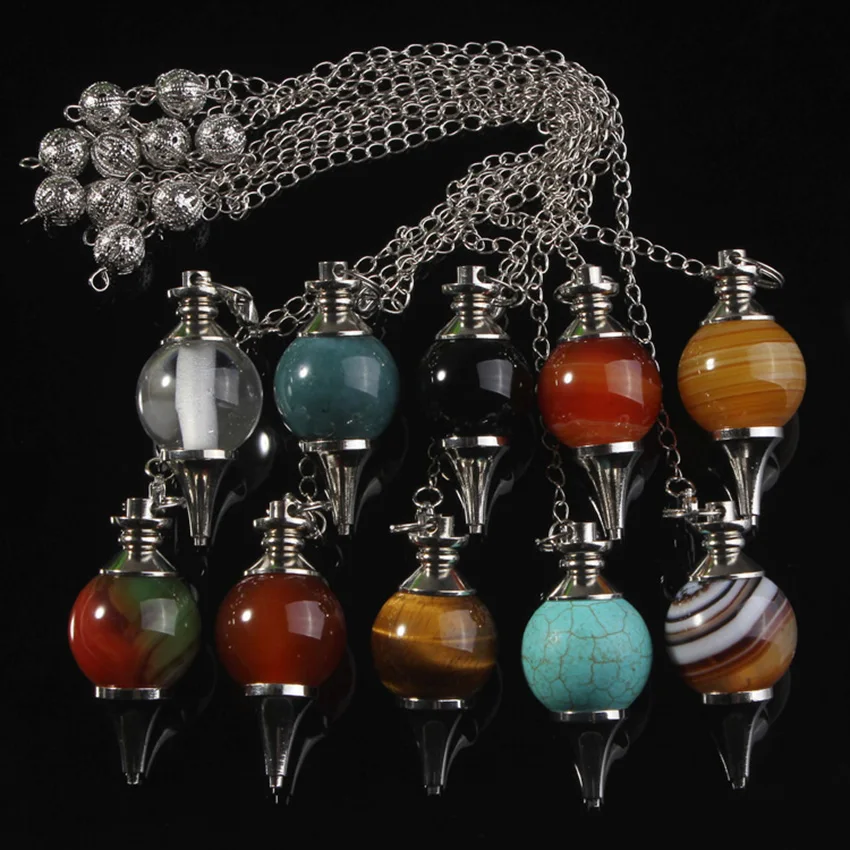 Wholesale 10Pcs Random Precious Stone Silvery Metal Ball Chain Dowsing Divination Healing Crystal Quartz Chakra Pendulum Pendant