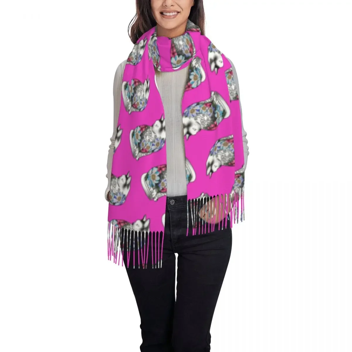 Custom Kitsune Cat With Colorful Koi Fish And Flowers Scarf Wrap for Women Long Winter Fall Warm Tassel Shawl Unisex Scarves