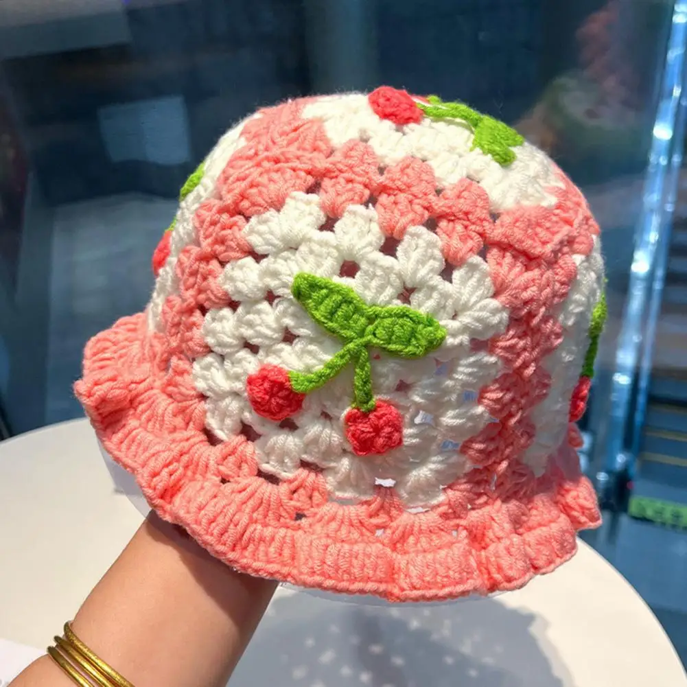 Knitted Bucket Hat Kawaii Cherry Bucket Hat Handmade Cherry Crochet Bucket Hats Knitted Cute Beanies Cap Vacation Travel Hat