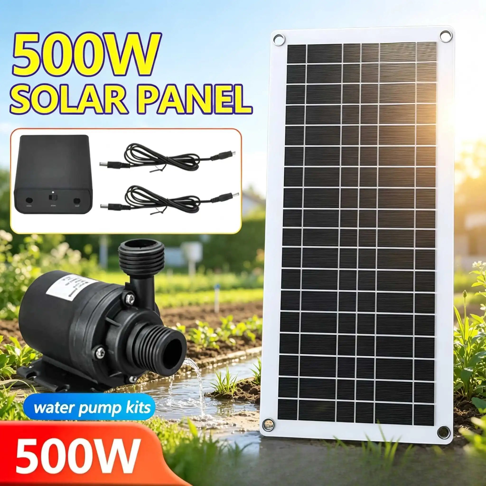500W Solar Water Pump Kit with Panel & Controller, DC Brushless Pump for Garden Pond, Farm Irrigation & Water Transfer view 3