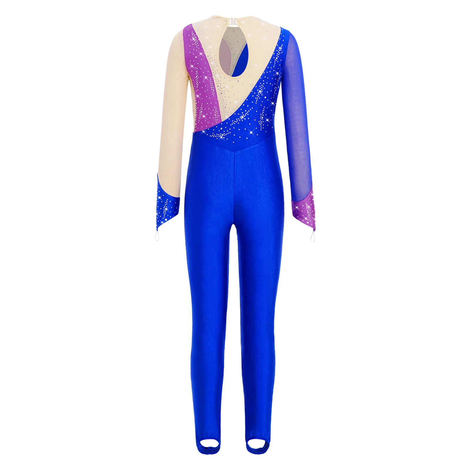 Kids Girls Ballet Dance Gymnastics Jumpsuit Long Sleeves Finger Holes Keyhole Back Mesh Patchwork Shiny Rhinestones Bodysuit