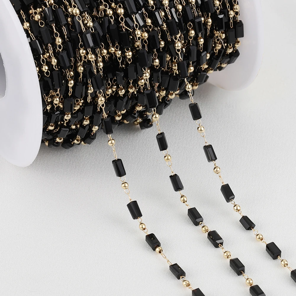 1 metr czarny kryształowy łańcuszek z koralików KC złoty kolor prostopadłościan łańcuszki z koralików na Choker bransoletki naszyjnik tworzenia biżuterii DIY