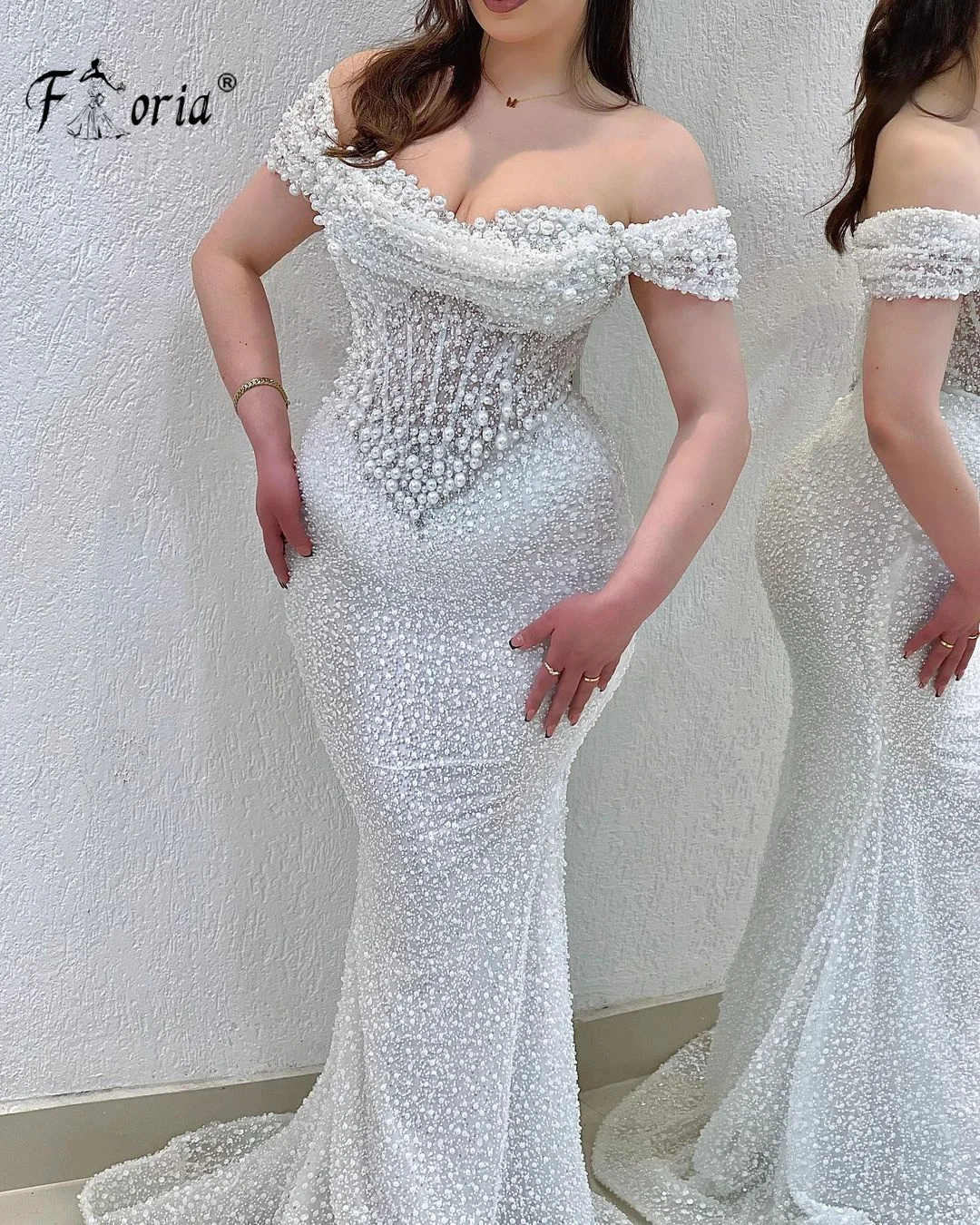 

Elegant Pearls Beaded Mermaid Evening Dress Off Shoulder Corset Sweep Tail Prom Dress Wedding Party Gown Robe De Soiree Femme