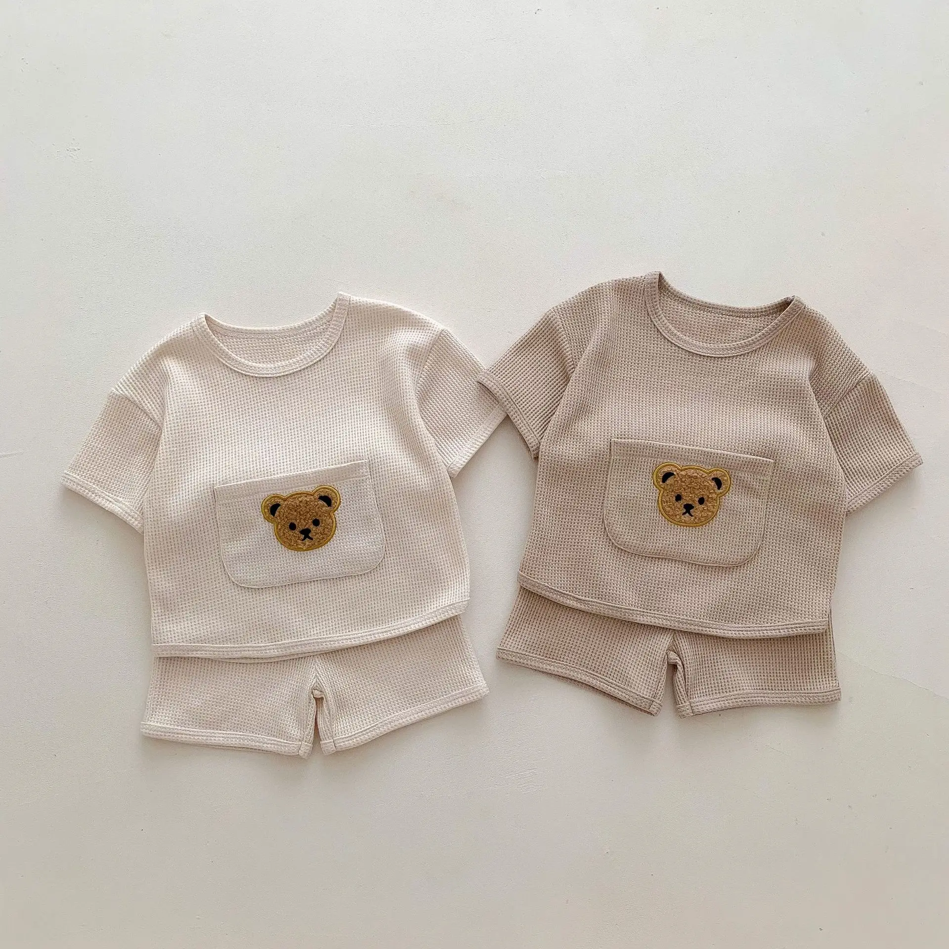 2024 Summer Newborn Baby Clothing Sets Waffle Bear Tee And Shorts 2 Pcs Suit Toddler Baby Boys Girls Clothes Set 0-3Years