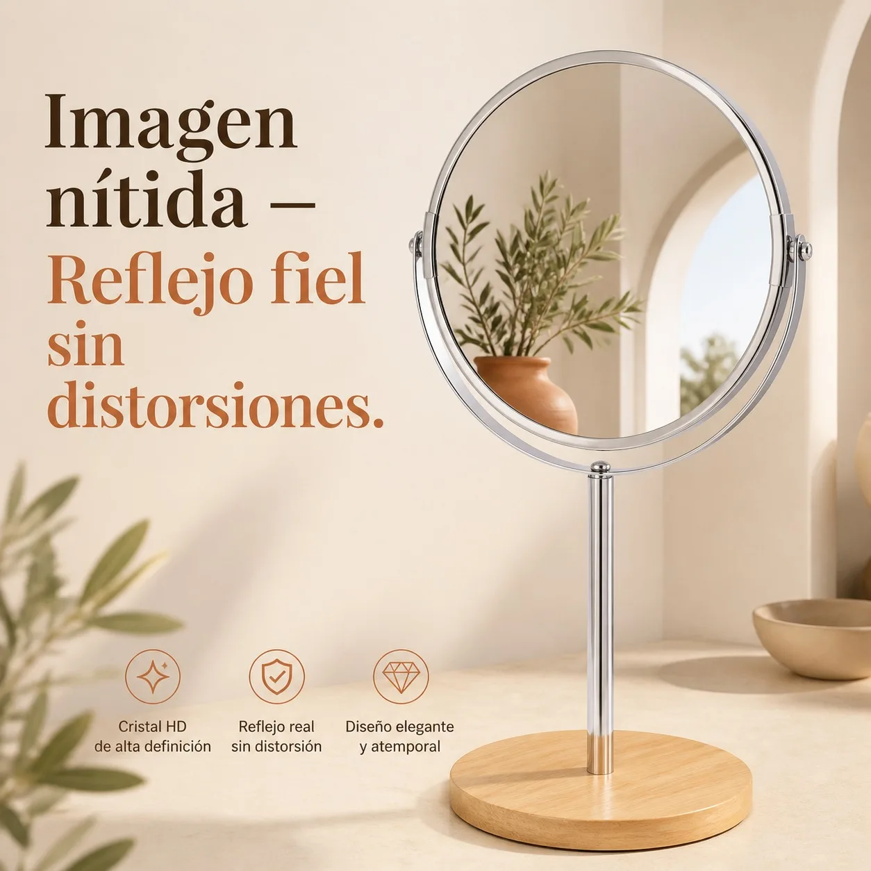 Miroir de maquillage double face avec grossissement x2, miroir rond rotatif de 17 cm avec support en fer et base en bambou naturel, dimensions 15x18,5x35,5 cm pour coiffeuse