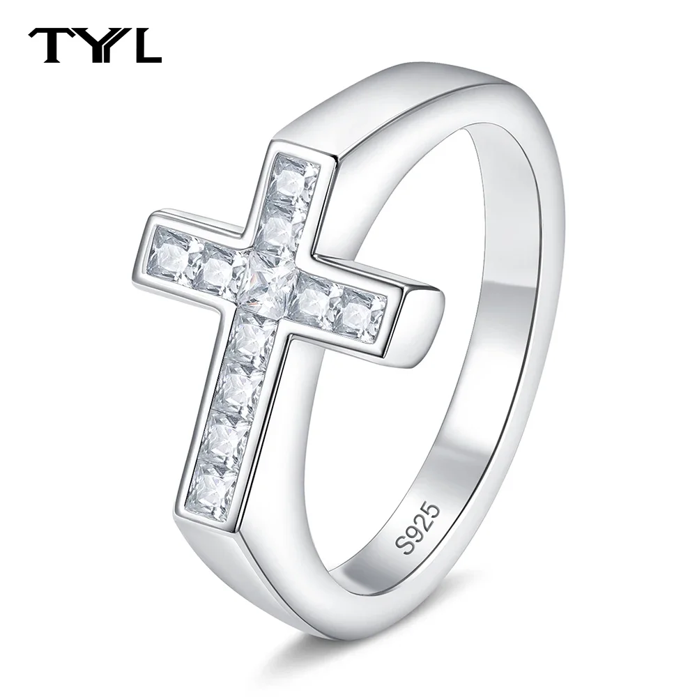 

TYYL 925 Sterling Silver D Color Moissanite Wedding Thin Band Lab Created Diamond Stackable Cross Finger Eternity Ring for Women