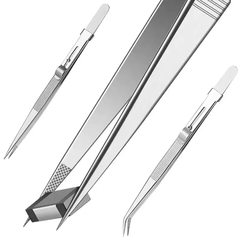 Adjustable Self Clamping Tweezers Jewelry Making Tool Slide Lock Stainless Steel Tweezers Electronic Component Repair Tools