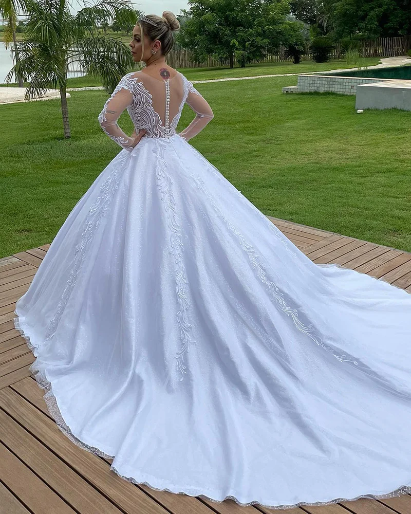 Laço apliques vestido de casamento o pescoço tule manga longa noiva vestido de baile tribunal trem botão vestido de casamento robe de mariee elegante