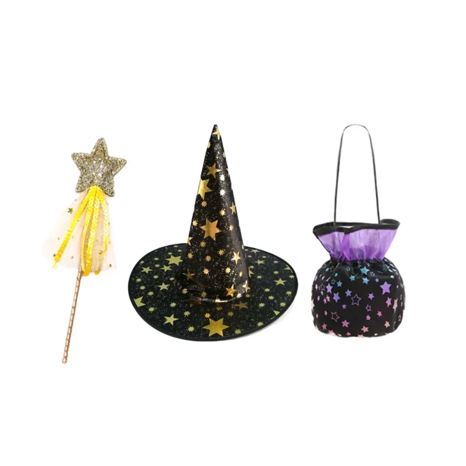 Kinder-Halloween-Hexen-Kostüm-Set mit Kapuze, Hexenhut, Zauberstab, Süßigkeitentasche, Kinderparty, Mädchen-Hexen-Umhang, XMZ65 – Detail 7