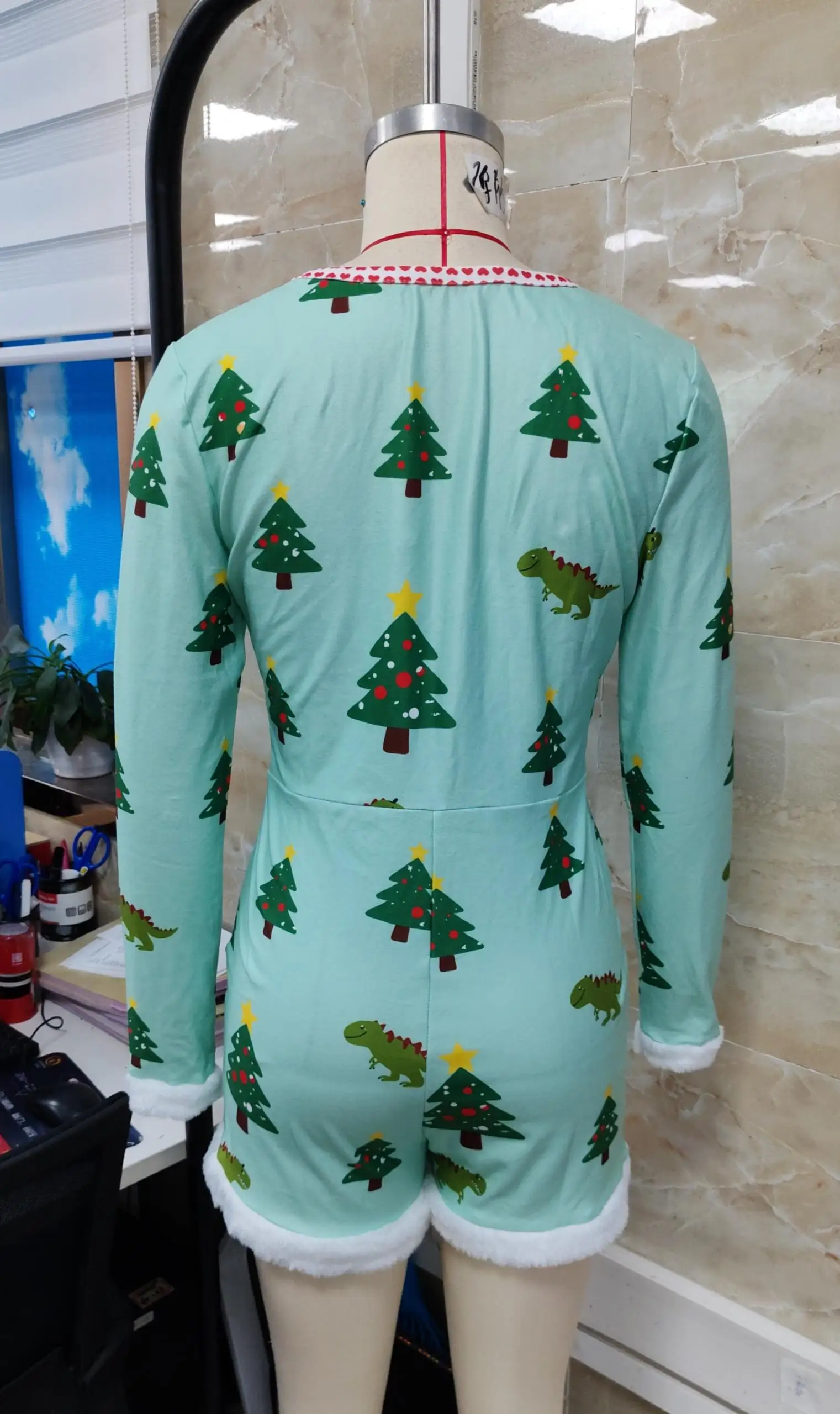 Women's Christmas Romper Pajamas Cute Cartoon Print Long Sleeve Fur Trim Jumpsuit Shorts Sleepwear