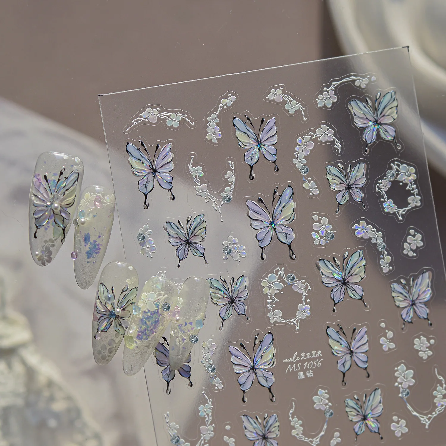 Elegant Butterfly Nail Charms Stickers Butterfly White Bouquet Wreath Nail Design Sticker Self Adhesive Nail Decoration Stickers