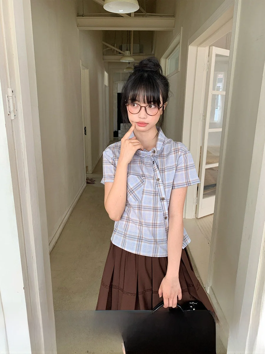 

Женская рубашка Holid Map Summer Sle с асимметричным клетчатым узором, коротким рукавом и отложным воротником, из смесового хлопка, удобный повседневный топ