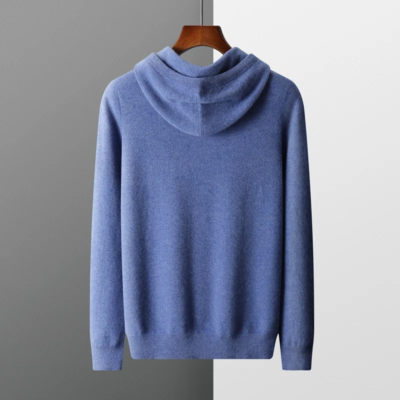 2024 Herfst Winter Nieuwe Kasjmier Trui Heren 100% Wollen Kraag Met Capuchon Gebreide Trui Koreaanse Mode Casual Lange Mouwen Hoodie