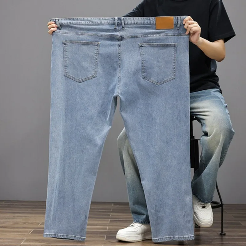الصيف الجينز الرجال 200 كجم 8XL 7XL 6XL مستقيم رقيقة امتدت المتضخم كبير حجم كبير الدينيم السراويل الذكور مرونة الكلاسيكية السراويل