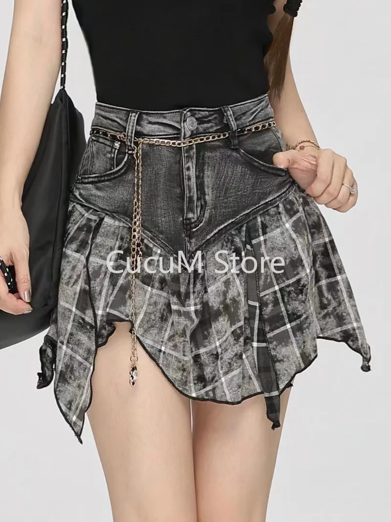 Rok Denim Splice wanita, musim panas 2000s Pedas gadis rok Denim wanita serbaguna kasual mode pinggang tinggi pelangsing A-line rok kotak-kotak pendek Chic