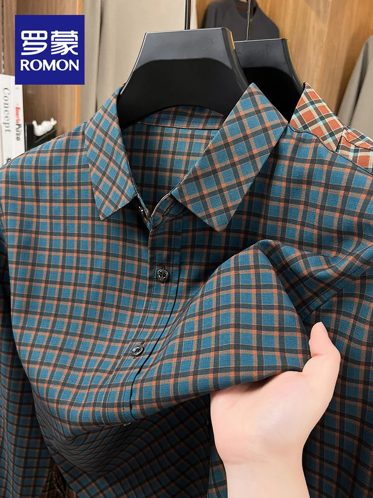 

Rn Men's Busin Casual irt Long Sve Plaid Pattern Breathable Polyester Autumn Spring New Sle Vintage Base Layer Top