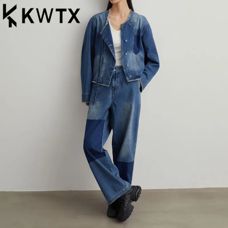 

KWTX Women’s 2025 Spring Summer Denim Two-Piece Set Blue Casual Vintage Blazer & Jeans Raw Hem Patchwork High-Quality Luxury