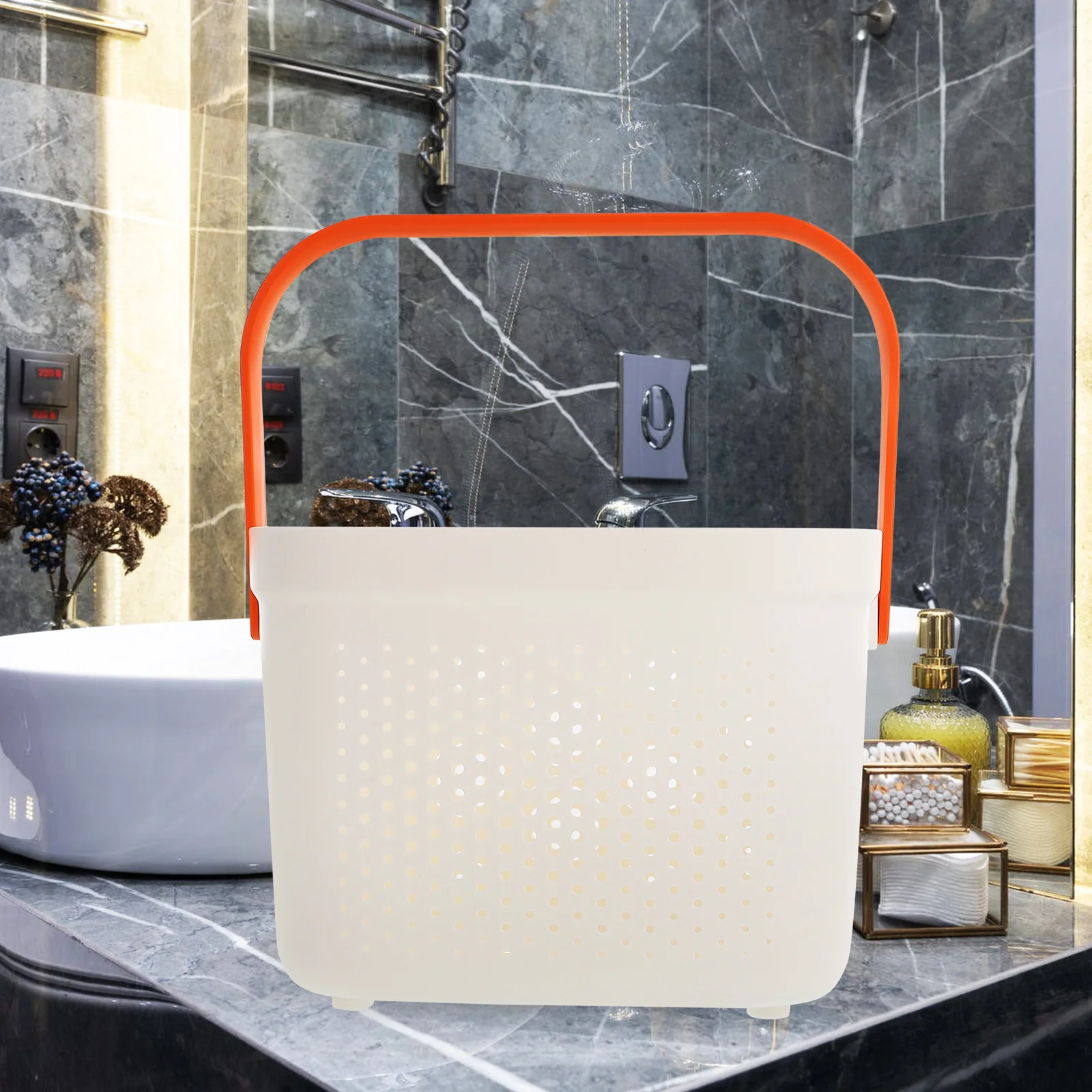 

Plastic Toiletries Storage Basket Handle Portable Bath Organizer Hollow-Out Container Kitchen Dorm Home Use Bathroom
