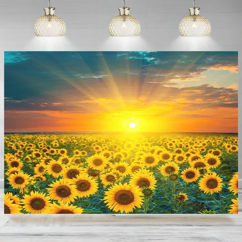 Sunflower Field Tapestries Backdrop Sunset Golden Yellow Flowers Floral Wall Photographic Background Living Dining Room Banner