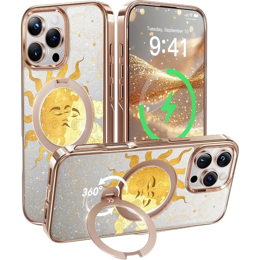 

The Cocorrina The Lovers Tarot Glitter 360 Spin Встроенная магнитная подставка для iPhone 15 Pro Чехол подходит для MagSafe 16 футов Drop