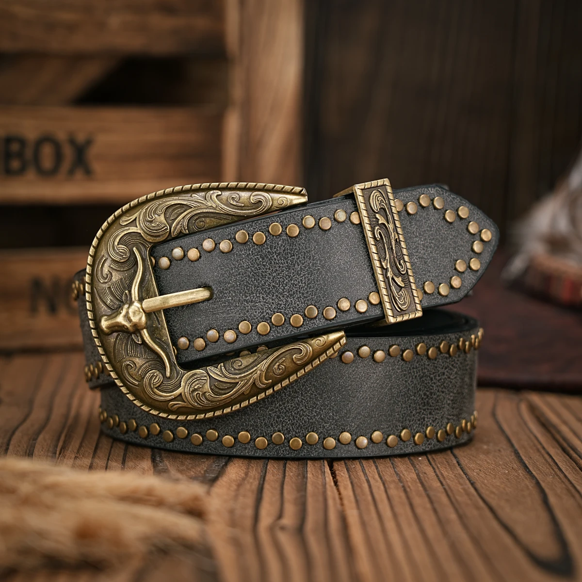 Men - Women - Western Denim - pu leather - Belt - Vintage jeans with floral carved buckle belt