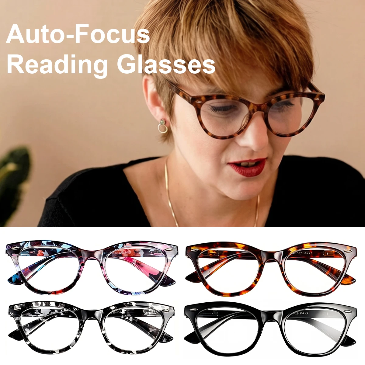 Vintage Cat Eye Reading Glasses for Women, Floral Smart Auto Focus Blue Light Blocking Computer Readers, High Definition L5