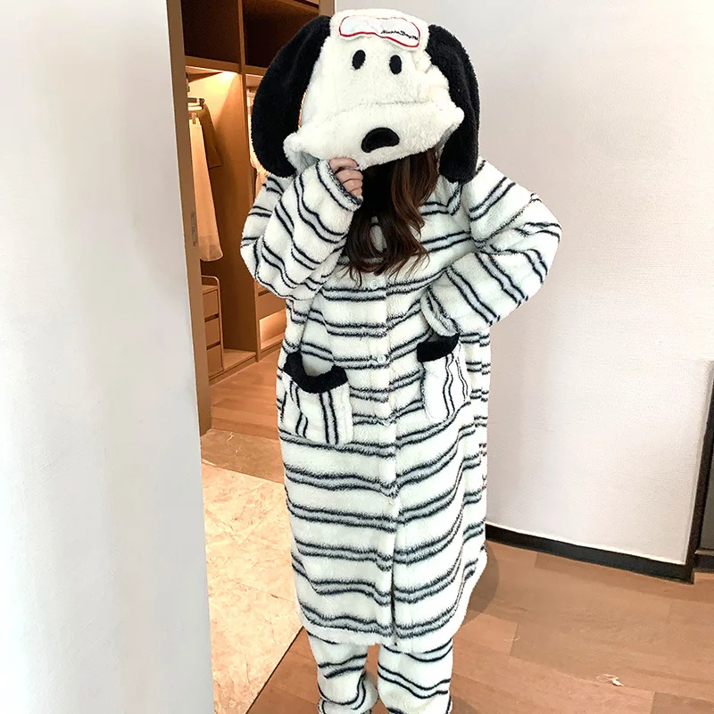 New Anime Women Kawaii Cartoon Snoopy Hooded Pajama Set Striped Flannel Winter Warm Fuzzy Homewear Cute Long Sleeve Sleepwear