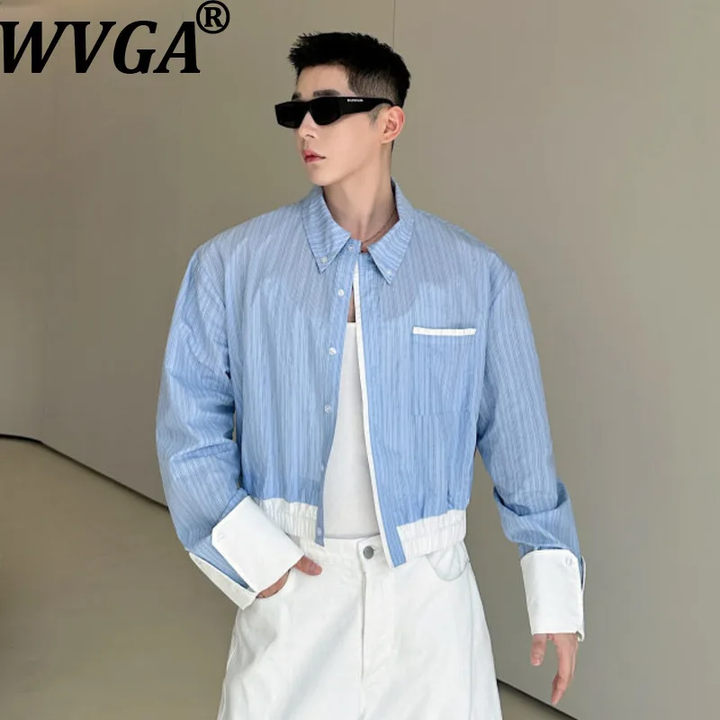 

WVGA Весна Лето Новые Мужчины Tide Корейский Стиль Полосатые Цветные Блоки Модная Короткая Рубашка Нишевый Шикарный Повседневный Топ с Длинным Рукавом Ins W17403