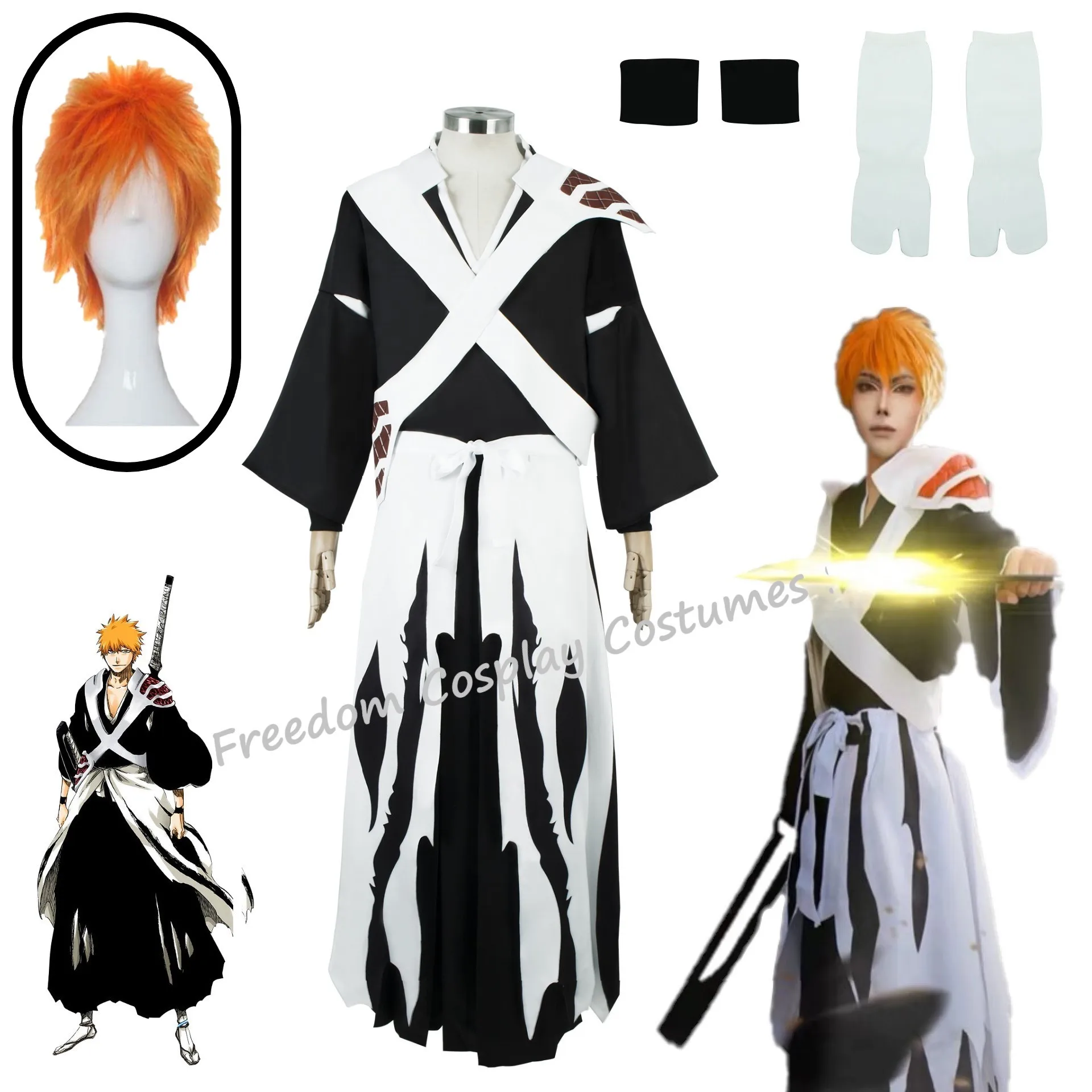 

NEW Anime Kurosaki Ichigo Cosplay Costume Wig Kimono Cloak and robe socks wristband Halloween Christma Uniform for Men Women