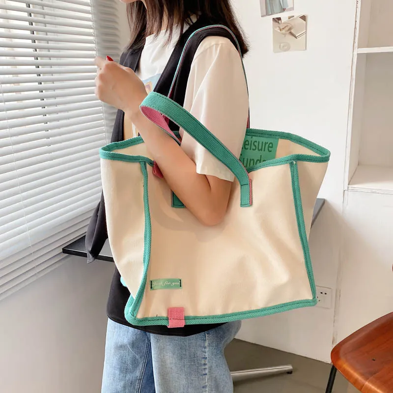 Fashion Trendy Brand with The Same Contrast Color Canvas Bag Ladies Handbag Korean Art Canvas Shopping Bag Shoulder Bag