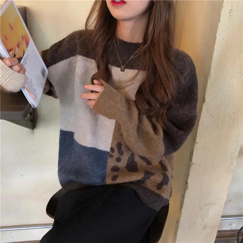 Autumn Winter Women Patchwork Knit Warm Sweater Cashmere Long Sleeve Thermal Pullovers O-Neck Casual Loose Sweater NS5912