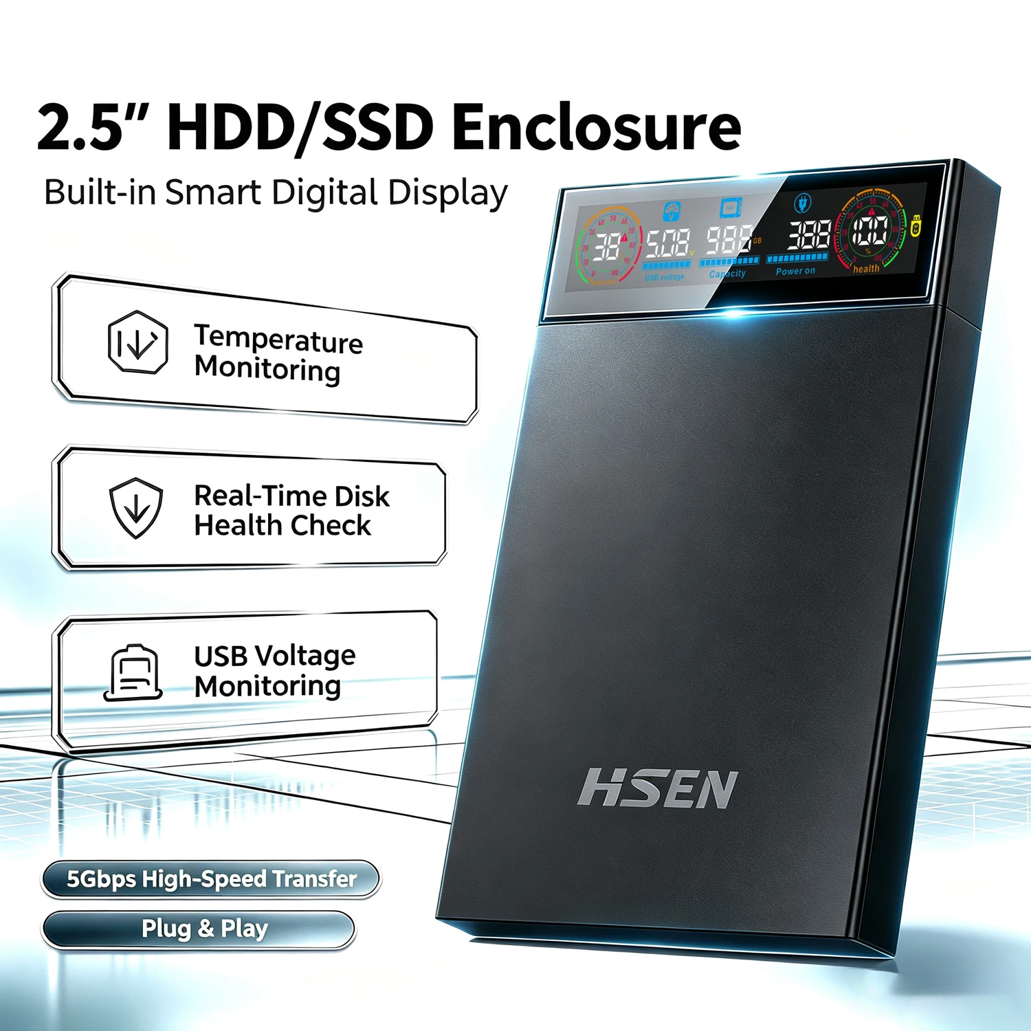 HSEN 2.5 Inch SATA Hard Drive Enclosure USB 3.2 Gen1 5Gbps, Real-Time S.M.A.R.T Health Monitoring Portable External SSD HDD Case