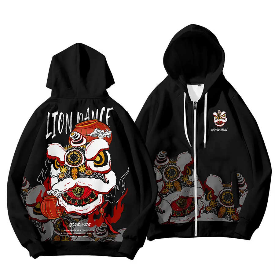 

Good Luck Chinese Lion Dance Print Men Hoodies Casual Funny Loose Sweatshirts Oversized High Street Y2K Pullover Hoodie Clothes