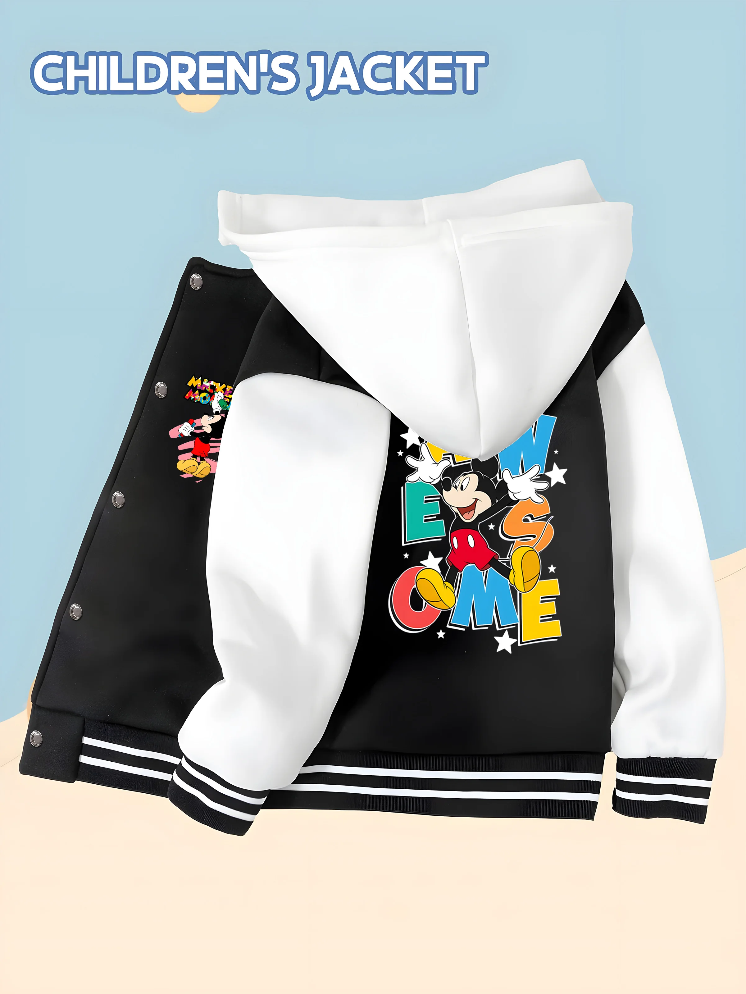 

MINISO Disney Mickey "AWESOME" Boys' Baseball Jacket - Mickey "AWESOME" Lettering Double-Sided Print Trendy Soft Casual Wear