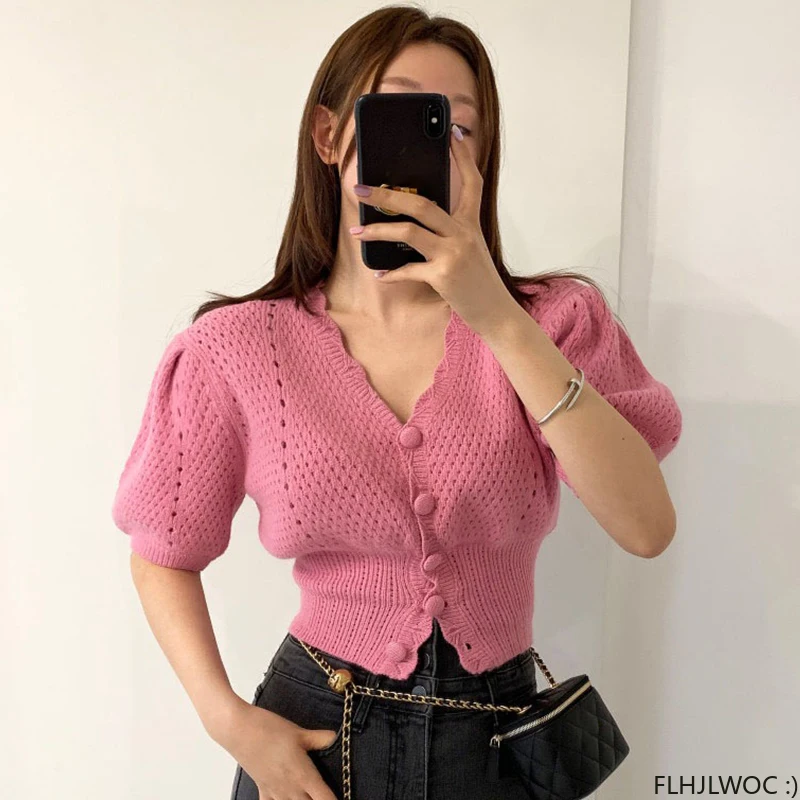 Puff Sleeve Knitting Sweater Tops Summer Short Sleeve Solid Pink White Black Button Short Crop Shirts