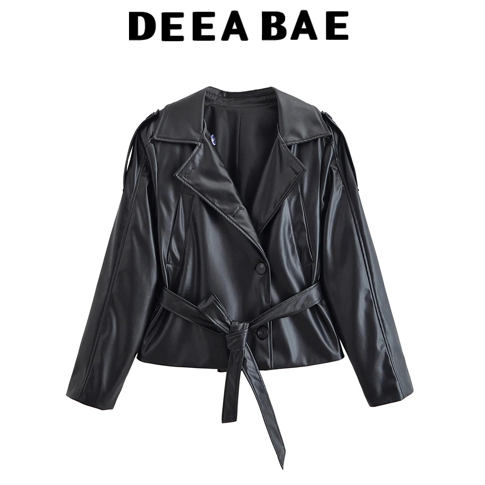 

DEEABAE Autumn New Product Women's Short Style Belt Imitation Leather Long Sleeve Short Windbreaker Leather Coat Jacket