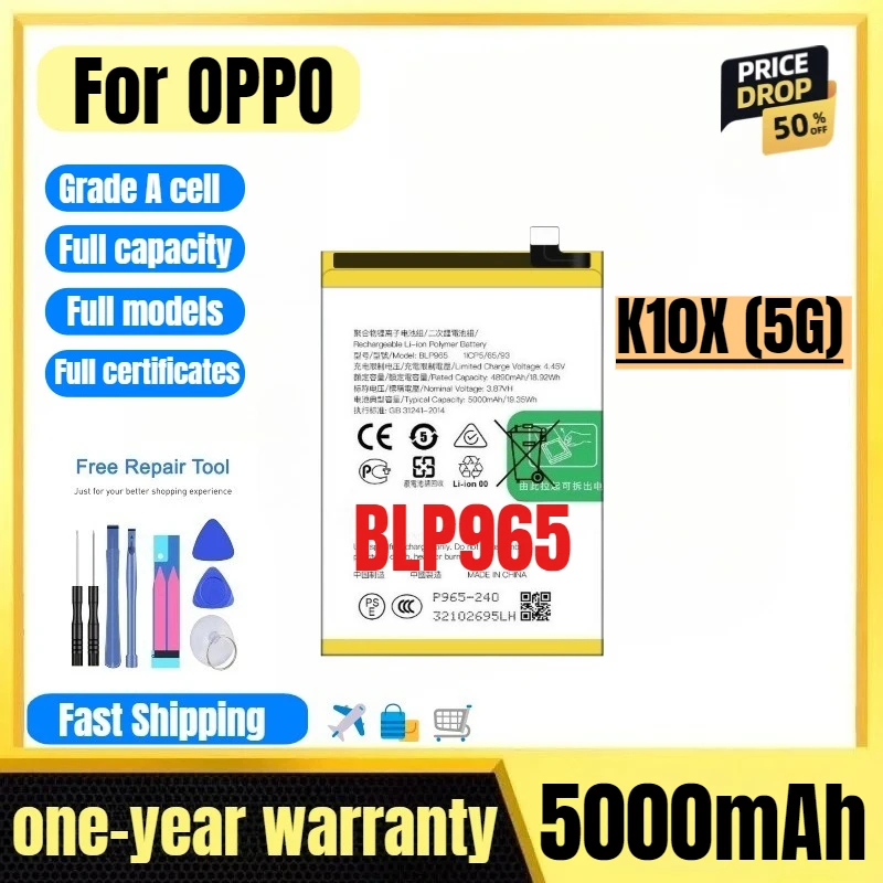 

BLP965 for OPPO K10X (5G) Mobile Phone Battery High Quality High Capacity Battery Replacement Bateria Grade A Cell with Tools