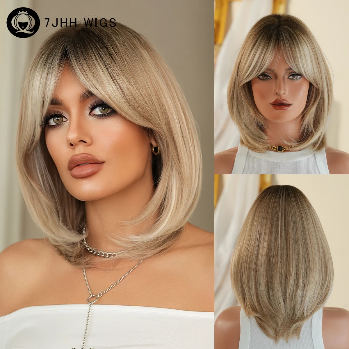 Kurze, glatte blonde Perücke für Damen – Synthetische, geschichtete, modische Perücke mit Mittelscheitel und sofort tragbarer blondem Bob-Stil mit Vorhangfransen