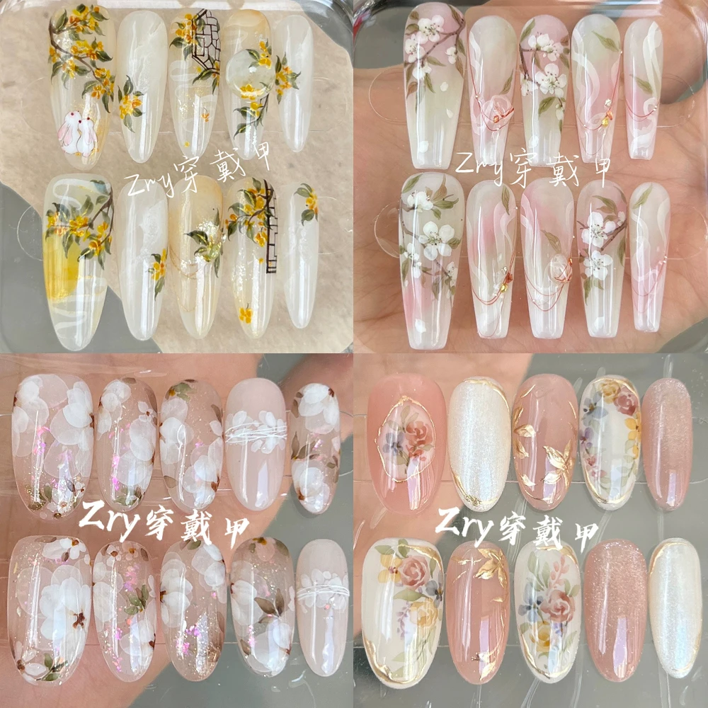 

Chinese-Style Flowers Series Long Coffin Ellipse Handmade Press On Nails Hand-Drawn Crabapple Daisy Peony Wearable False Nails
