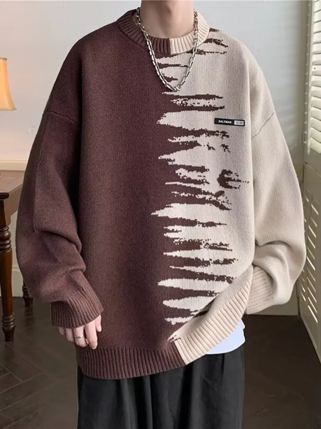 

Laid-ba Long Sve Мужской трикотаж Универсальный простой японский Sle Модный Ins Faion Новая художественная верхняя одежда Повседневная одежда