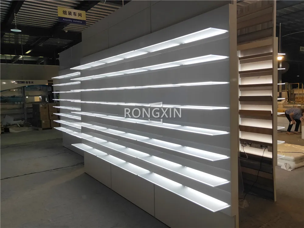 Custom Fashion Clothing Retail Store Wooden Wall Display Furniture Acrylic LED Shelf Display Wall Mounted Display Shelf For Sale