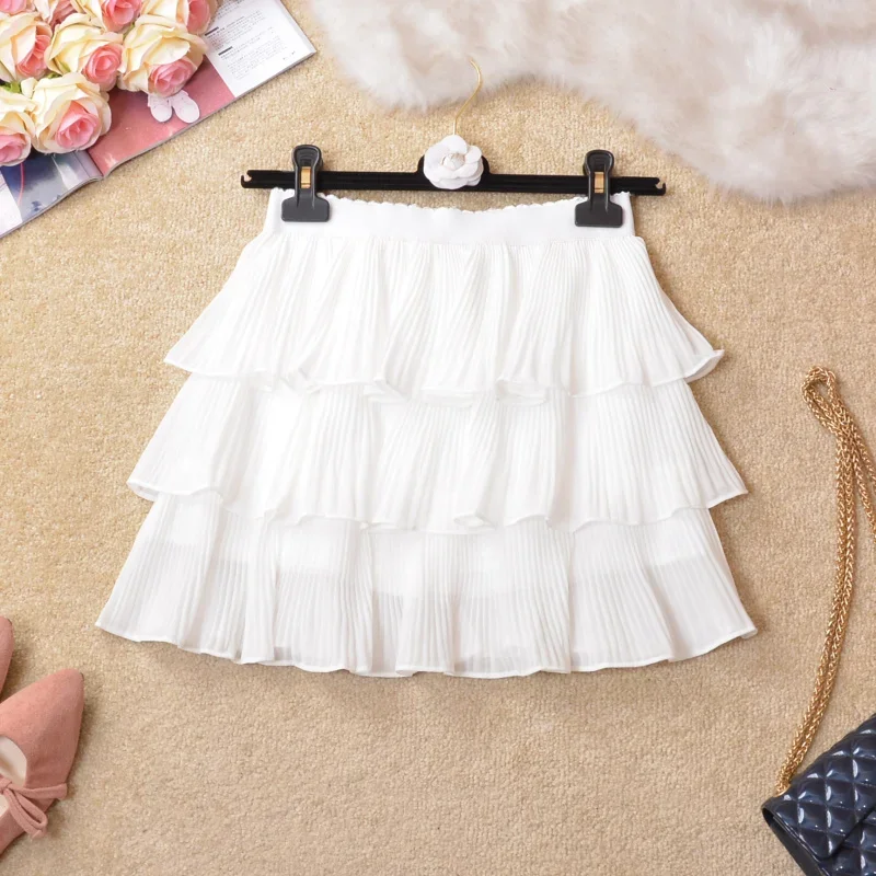 2022 Spring Summer Skirts Women Skirt Sweet Fresh Solid Color Cascading Ruffles Mesh High Waist Pleated Mini Cake Women Skirts