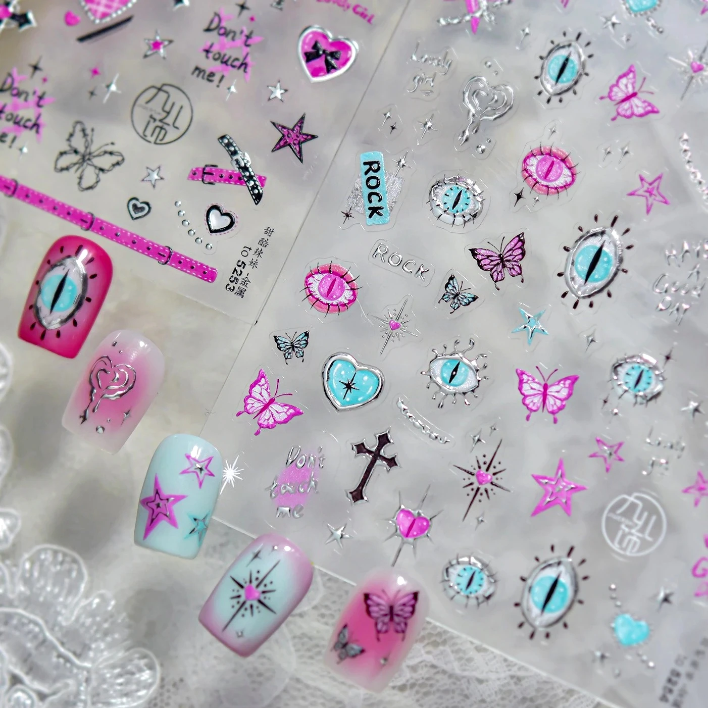 

Punk Rock Hottie Butterfly Eyes Lava Dark Chain Sexy Belt Love Heart Star Girl Self Adhesive Nail Art Stickers Manicure Decals