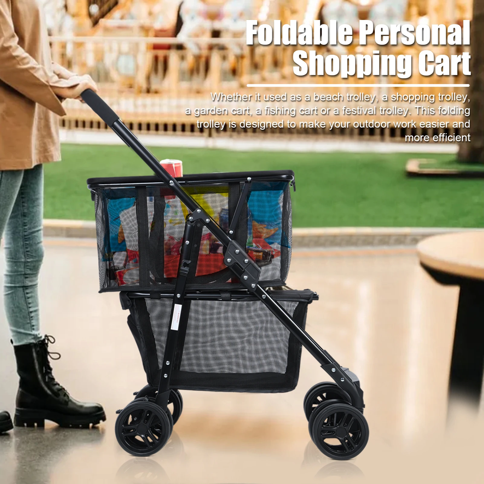 Carro de compras, carro de utilidad plegable, bolsa de transporte desmontable con ruedas, carrito de compras personal plegable para cochecito