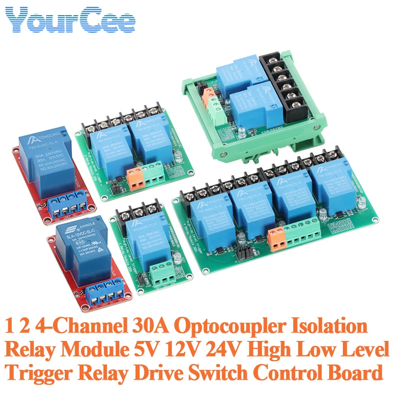 1 2 4-Channel 30A Optocoupler Isolation Relay Module 5V 12V 24V High Low Level Trigger Relay Drive Switch Control Board Module
