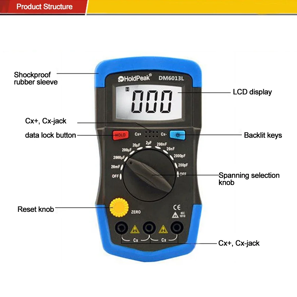 DM6013L Digital Capacitance Capacitor Measuring Meter Data Hold 200pF~20mF Portable Handheld Capacitance Meter Measurement Tools