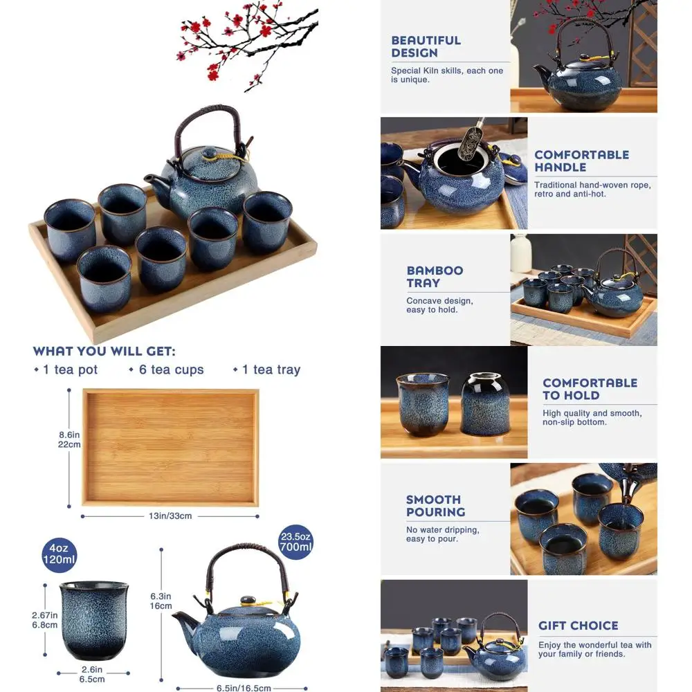 

Чайный сервиз ручной работы из фарфора с синей глазурью, обожженной в печи, на 6 персон, включая чайник, чашки и поднос
