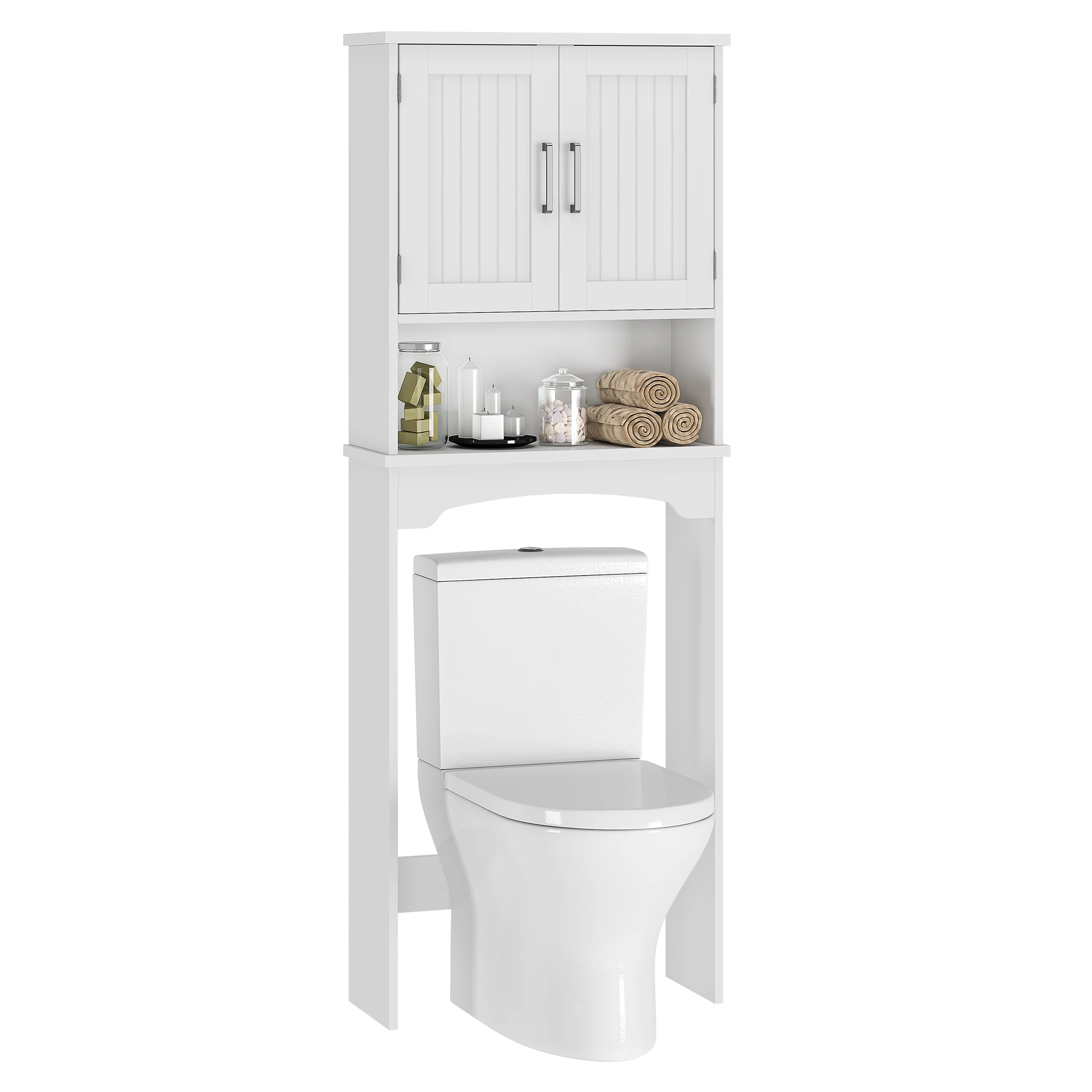 Over The Toilet Storage Cabinet with Double Doors and Anti-Tip Device, Above Toilet Bathroom Organizer with Open Shelf, Taller