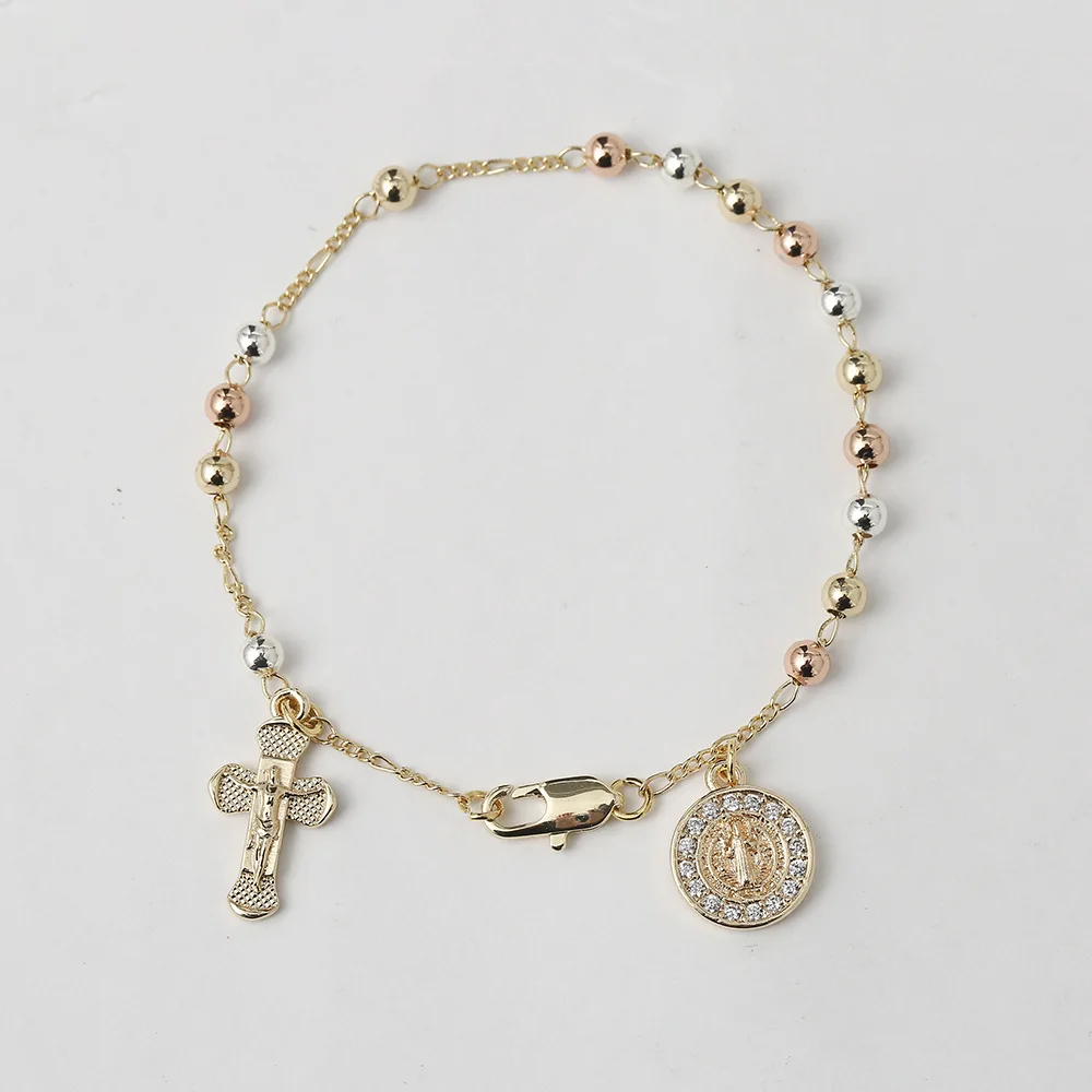 New Religious Copper Rosary Bead Cross Bracelet For Women Cubic Zircon Virgin Mary San Benito Pulsera Wholesale Jewelry