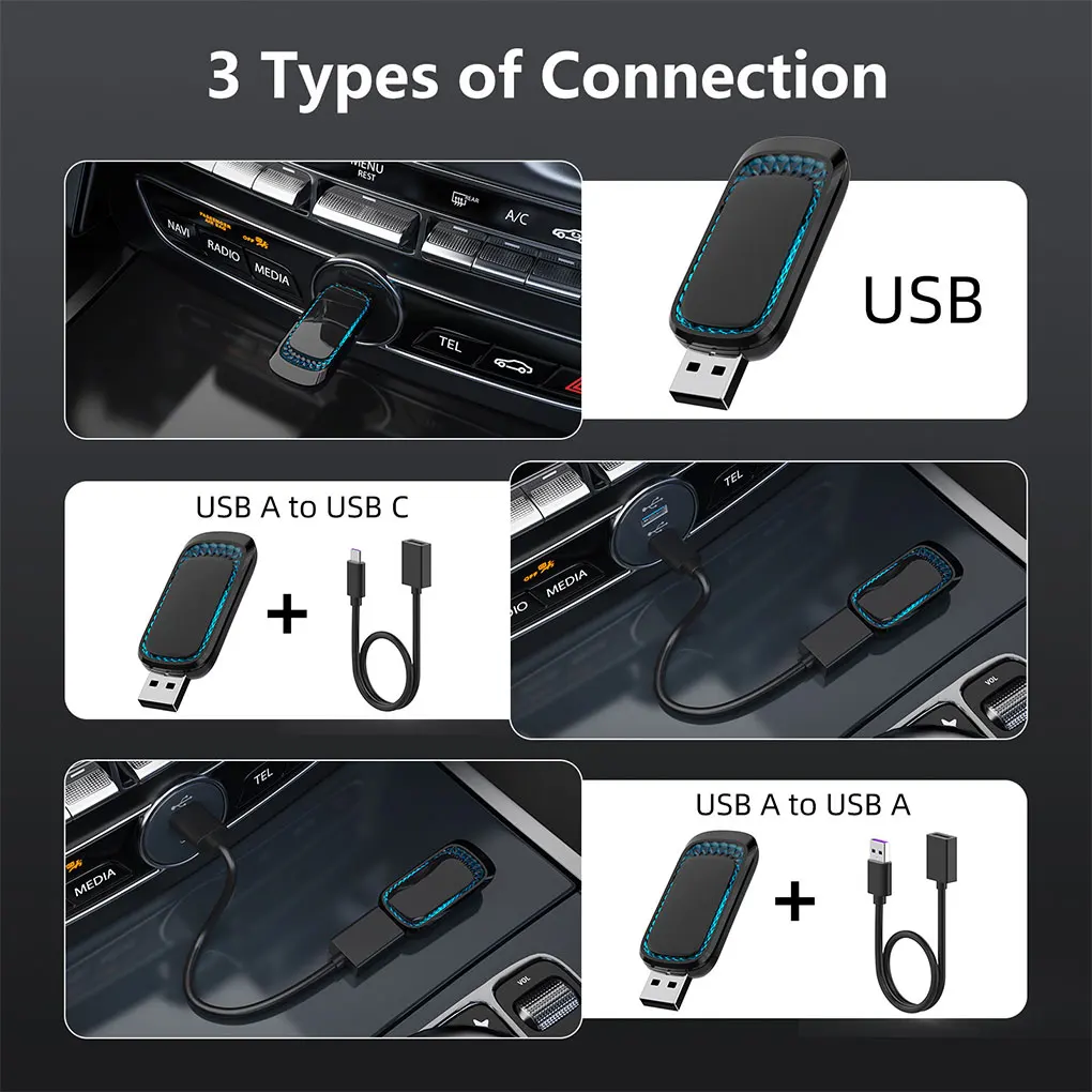 2in1 Car Wired to Wireless Box CarPlay Android Auto Adapter for OEM Car Stereo Smart Box Plug and Play Multi-Color Ambient Ligh